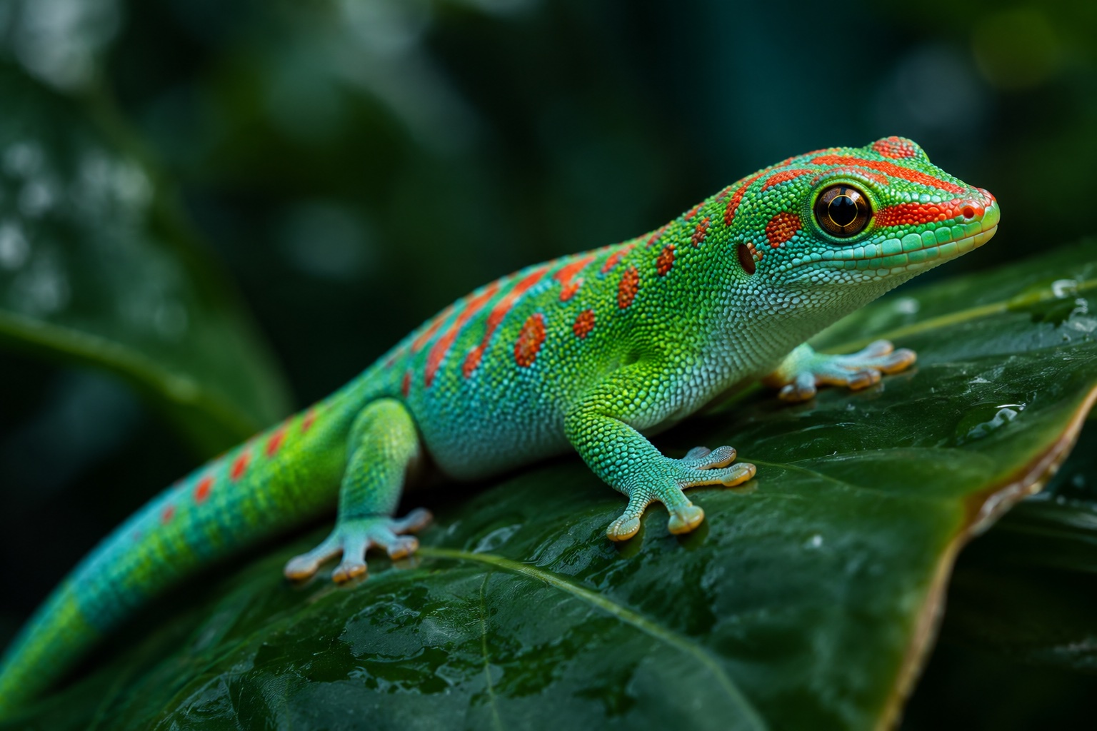 A vividly colored gecko perched on a tropical leaf
