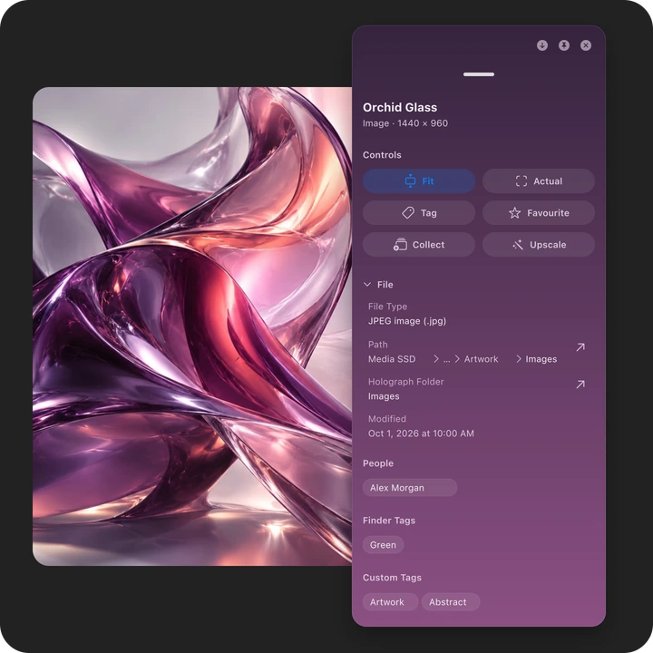 Holograph image viewer with a media-tinted inspector showing image controls, file details, people and tags.
