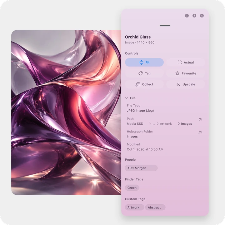 Holograph image viewer with a media-tinted inspector showing image controls, file details, people and tags.