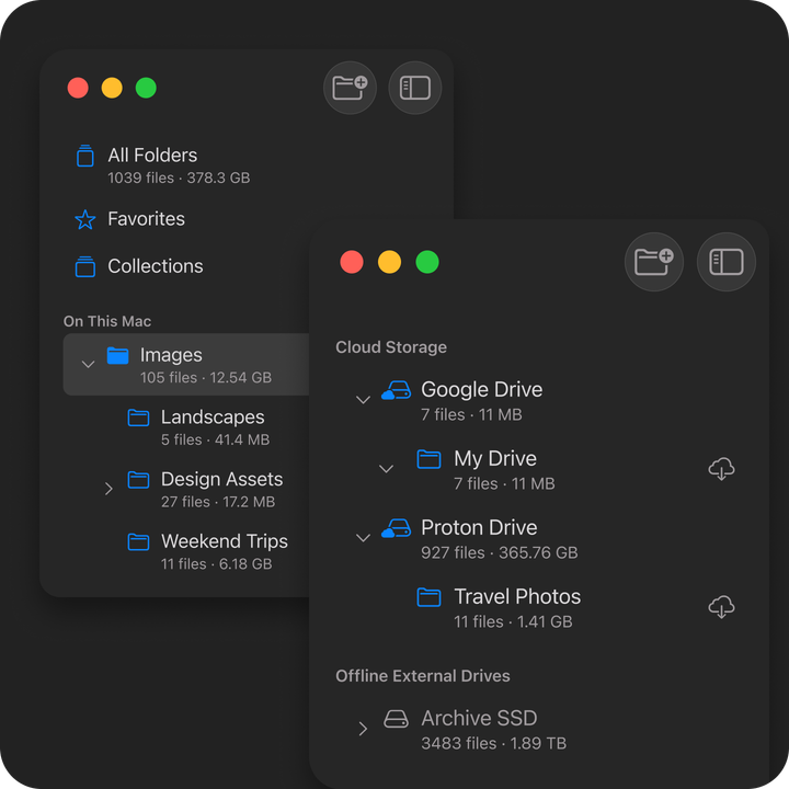 Holograph sidebar showing local folders, cloud storage, and an offline external drive.