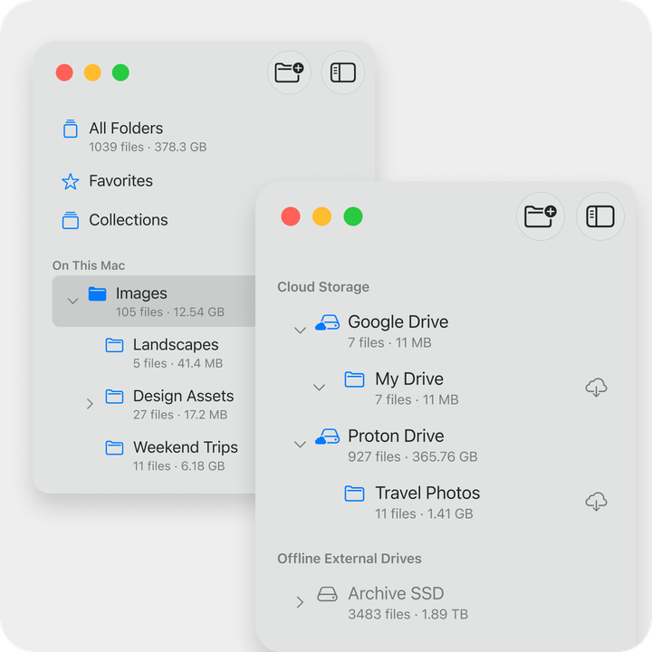 Holograph sidebar showing local folders, cloud storage, and an offline external drive.