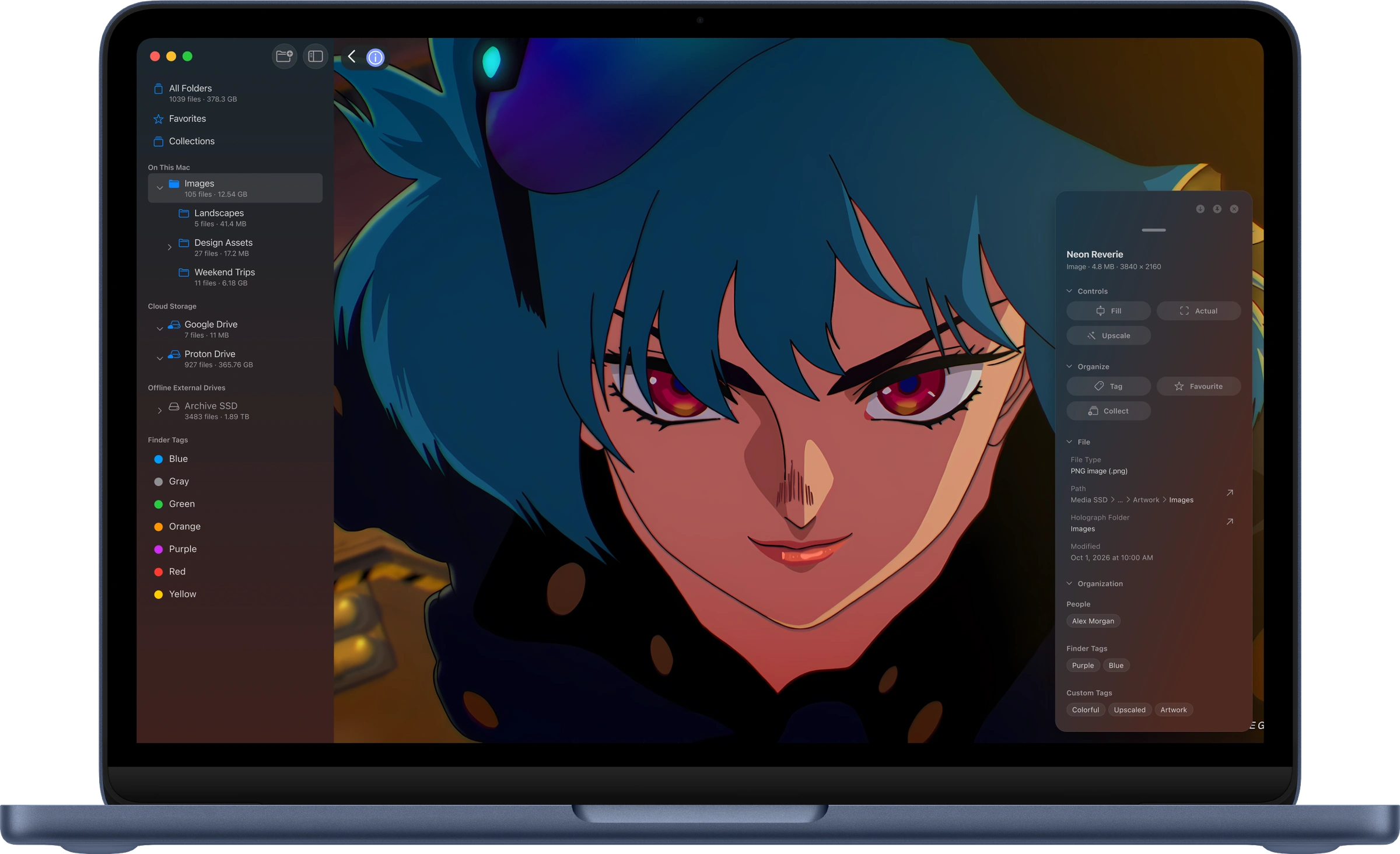 Holograph on an indigo MacBook Neo, with a folder sidebar and a media-tinted inspector.